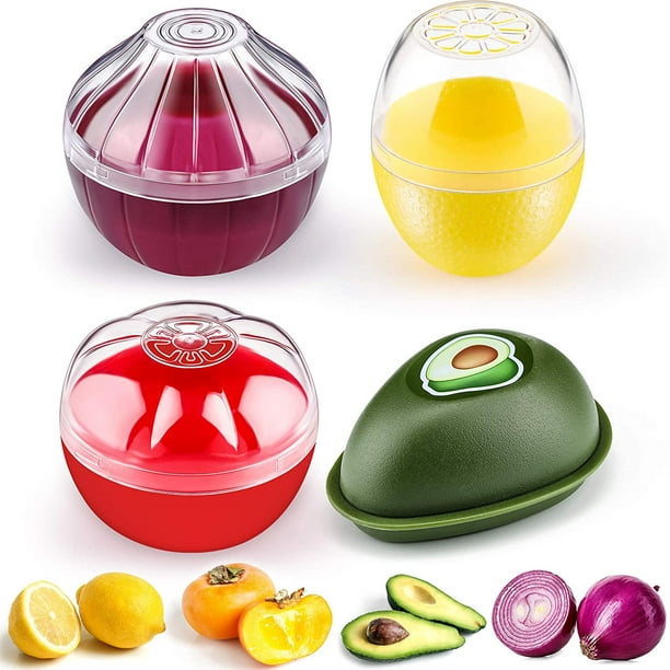 4 pièces en silicone en forme de fruits et légumes, récipients de stockage  pour réfrigérateur, avocat, citron, tomate et oignon, économiseur/support,  bac à légumes pour réfrigérateur 