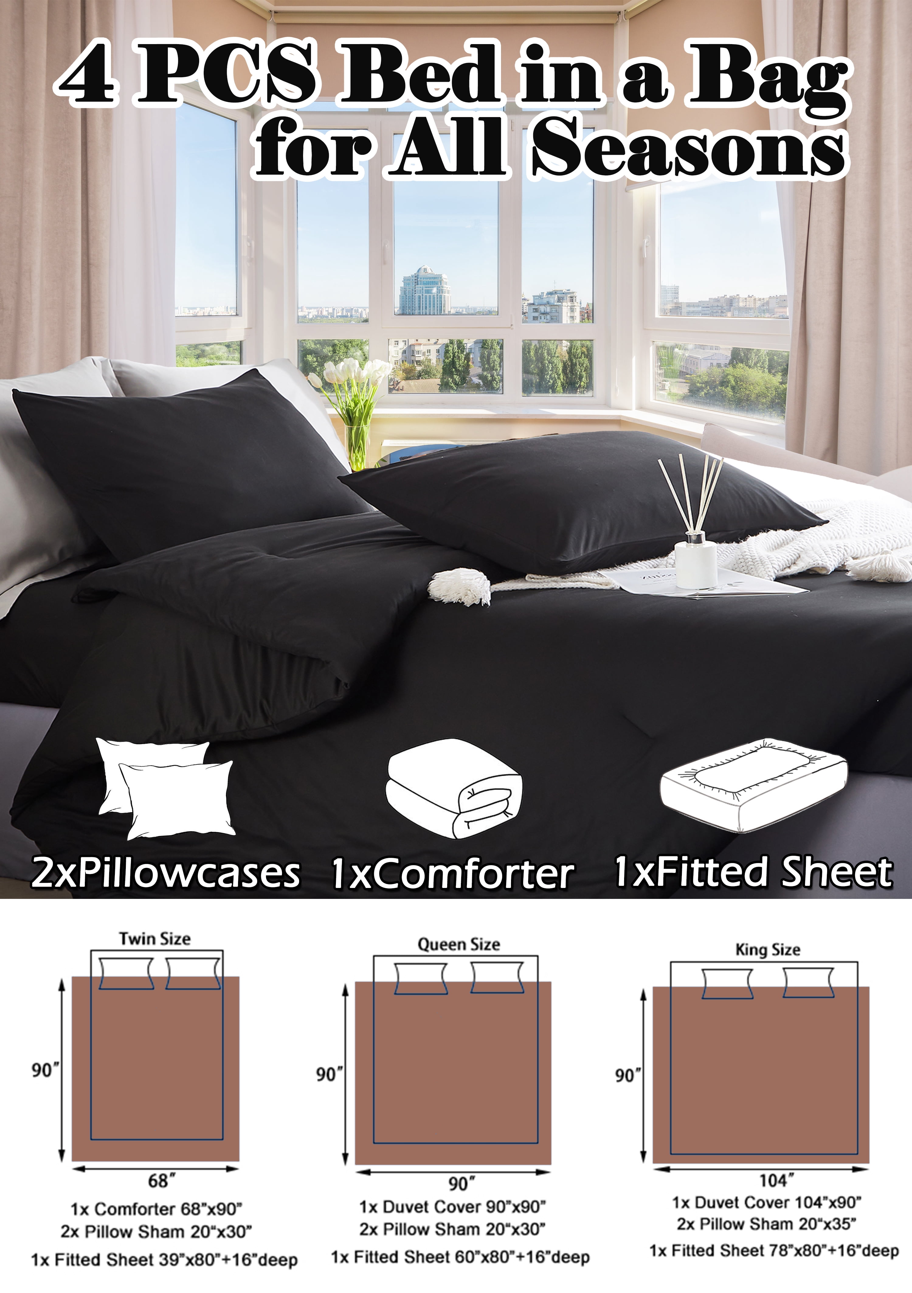 MorroMorn Twin Comforter Set, 4 Pieces Soft Bedding Sets for All Seasons, Bed in a Bag with 1 Down Alternative Duvet Insert 68×90 Inches, 2 Pillowcases and 1 Fitted Sheet (Twin/Twin XL Size, Black)