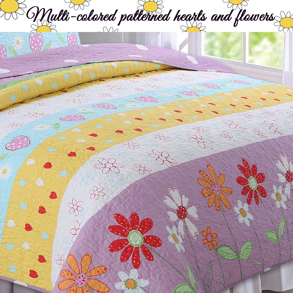 Cozy Line Home Fashions Floral Heart Print Reversible Girl Bedding Quilt Set, Bedspread, Coverlet (Flower Garden, Twin - 2 Piece)