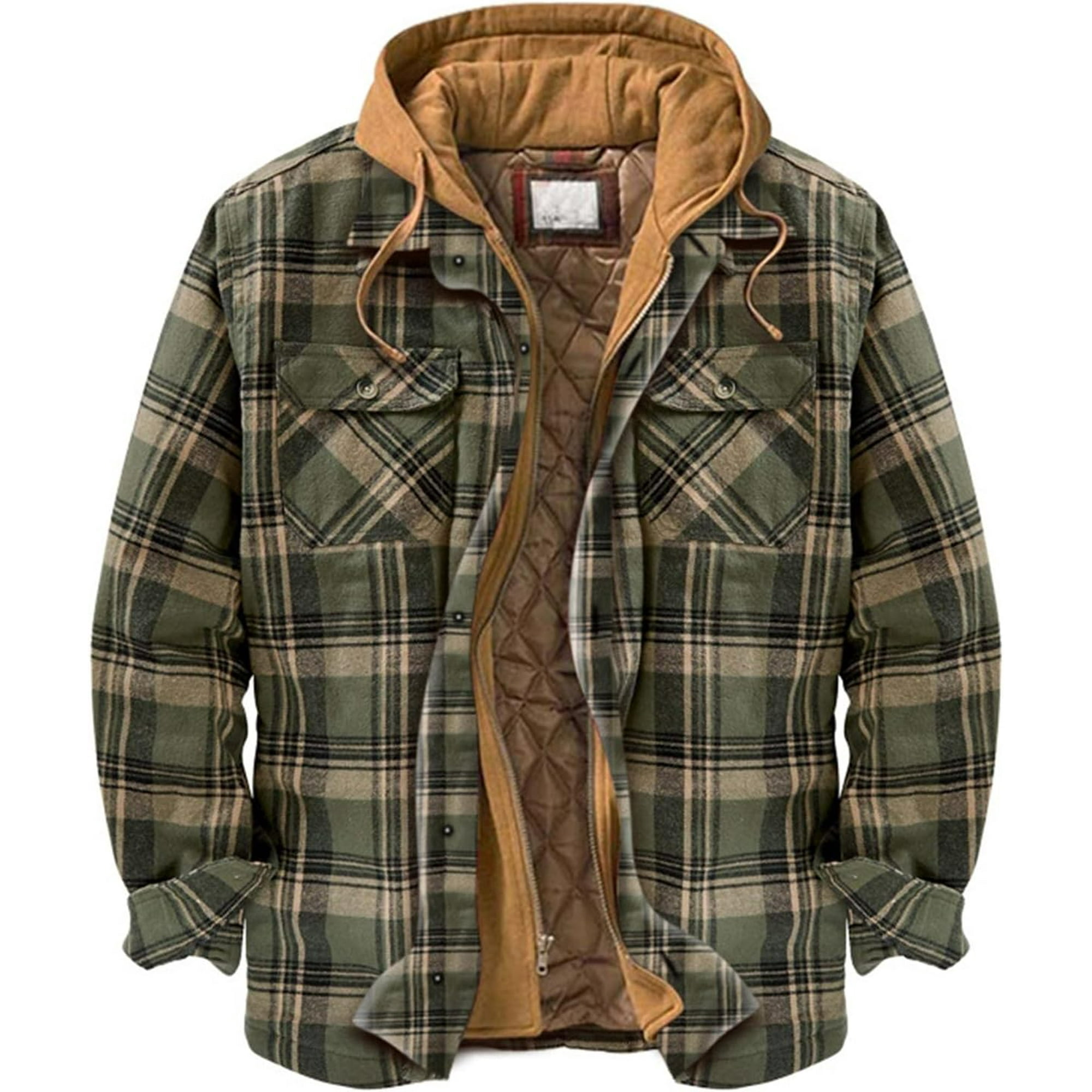 LAICAIW Checked Padded Shirts Mens Lumberjack Jacket with Hood Quilted Hooded Flannel Thick Lined Warm Coats Long Sleeved Color Green Size XX Large Walmart