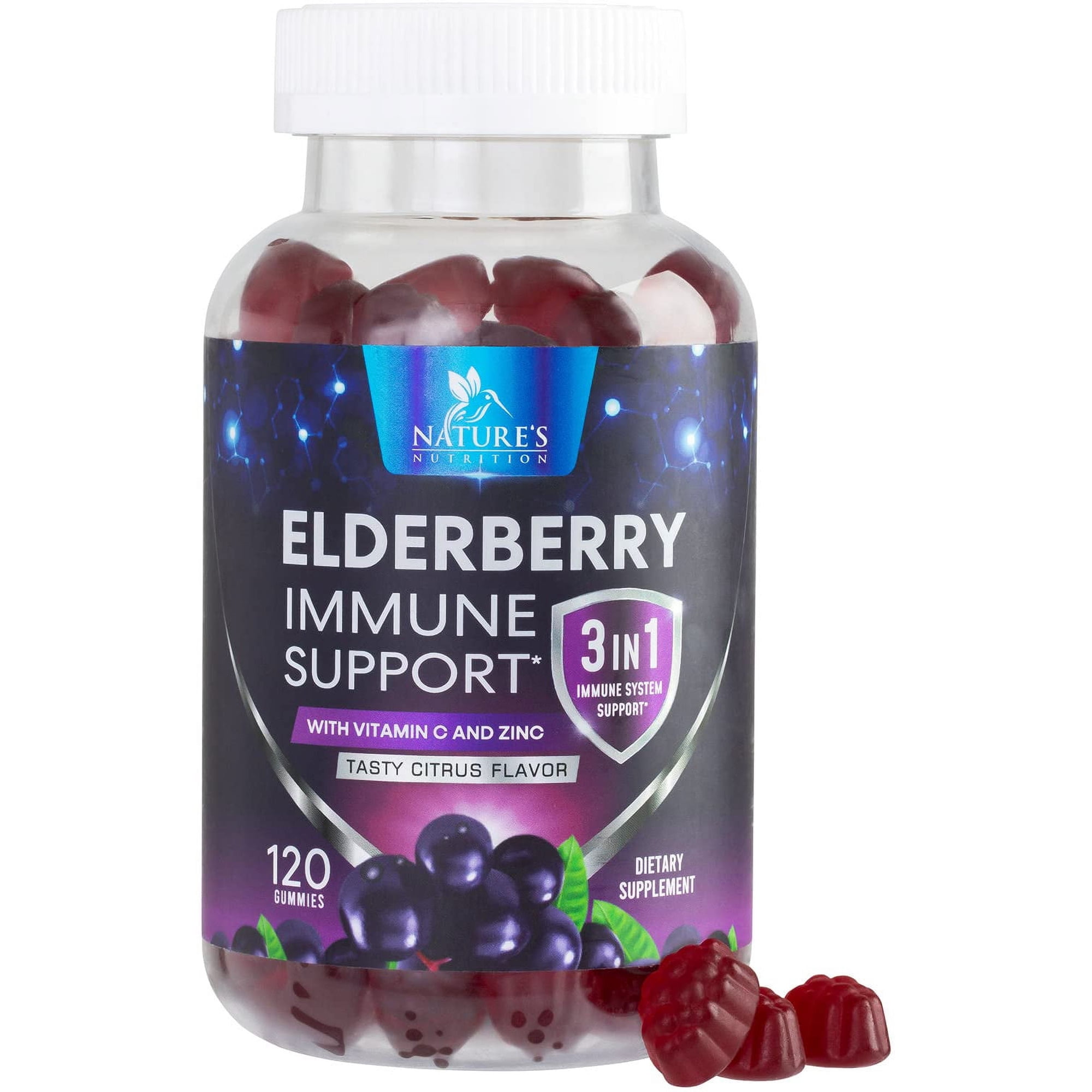 Elderberry Immune Support Gummies 100mg - 3X Strength Black Elderberry Gummy with Vitamin C, D3 and Zinc - Immune Support Supplement Gummy for Kids & Adults, Black Elder Berry Vitamins - 120 Gummies