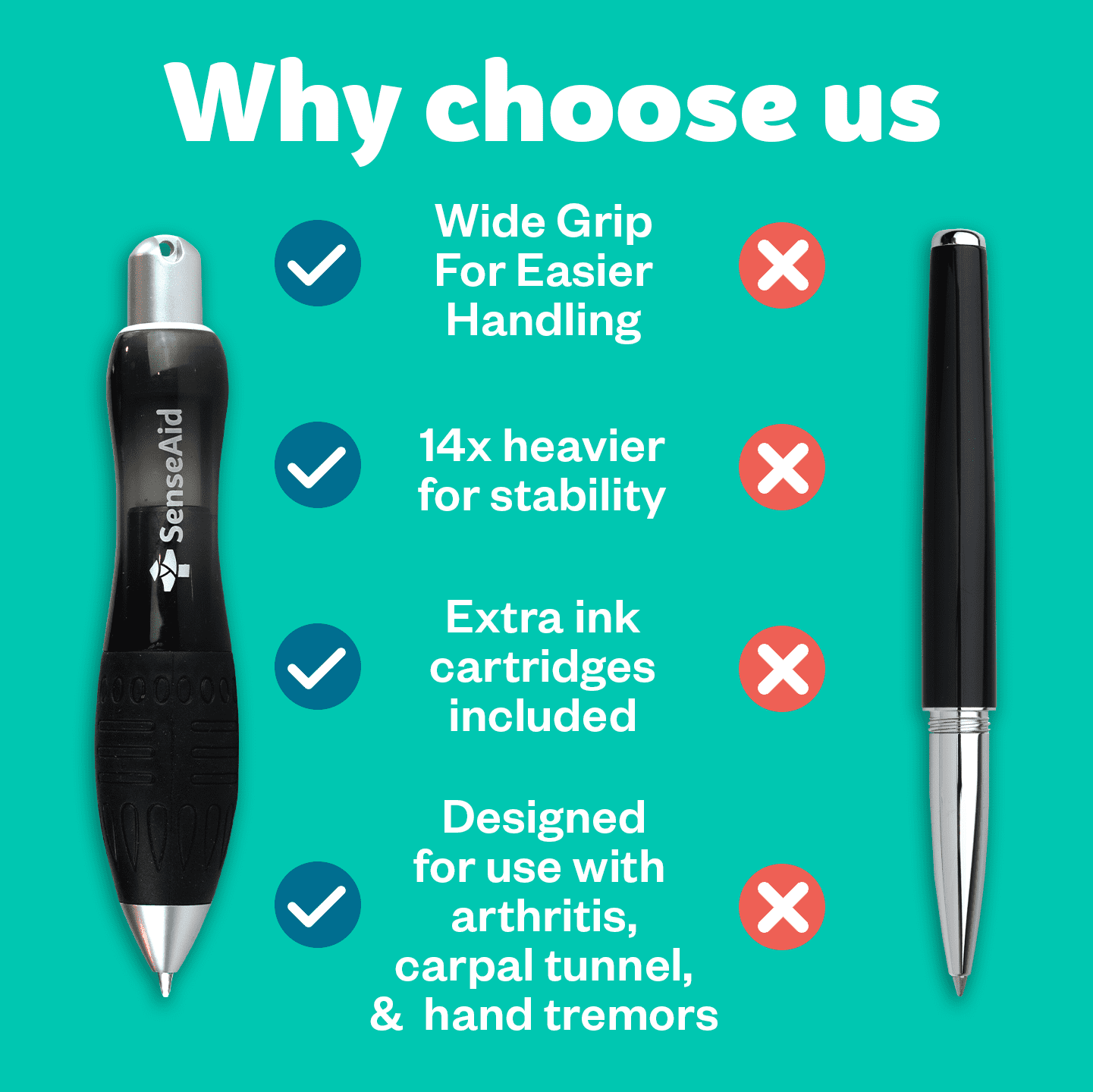 SenseAid Fat Weighted Pens for Hand Tremors (2 pack), Heavy Pens with Large Grip for Arthritis, Parkinson’s, Carpal Tunnel, Plus 2 Ink Refills