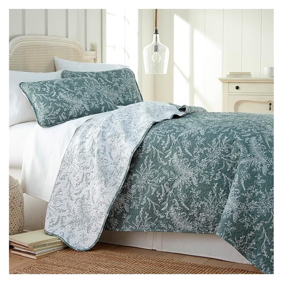Oversized Quilt Bedding Set Full Size, Reversible Quilt, Floral Coverlet, Printed Bedspread 3-Piece with Two Matching Quilted Pillow Shams, Full/Queen Quilts, Green (Teal)