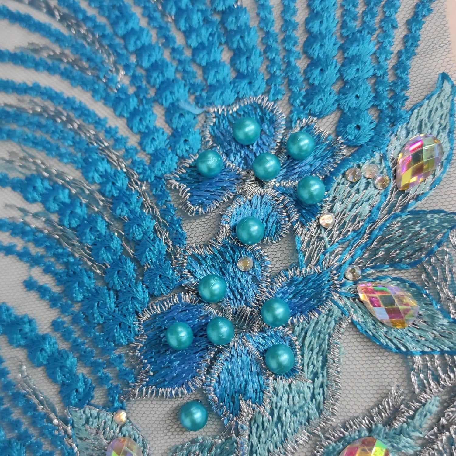 Handmade Rhinestone Applique, 3D Lace Applique Beaded Embroidered Trim, Rhinestone Fabric Patches for DIY Neckline Bodice Wedding Bridal Prom Clothes Dresses, 22.5x11.8inch (Royal Blue)