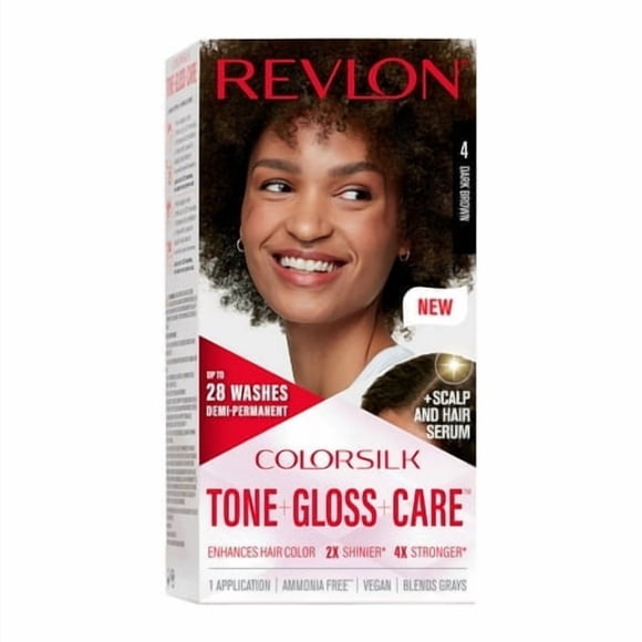 Revlon ColorSilk Tone + Gloss + Care Demi Permanent Hair Color, Hair Dye with Leave in Scalp and Hair Serum, 2x Shinier, 4x Stronger, 4 Dark Brown, 4.5 fl. oz