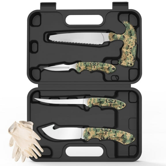 JELLAS Hunting Field Dressing Kit, 6 Pieces Game Processing Knife Set with Gut Hook, Skinning, Boning, Saw, Gloves & Case for Deer Hunting, Fishing, Camping, Survival, Gift for Man