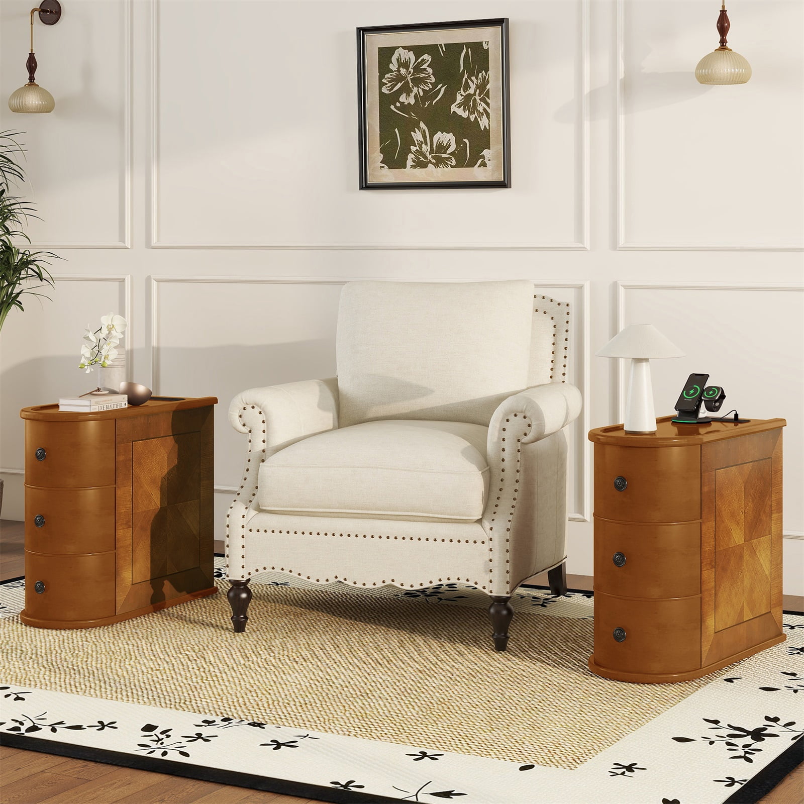 Hommoo Vintage Wood End Table with Charging Station, 3 Drawers Sofa Side Table Nightstand for Bedroom, Living Room, Closet, Walnut