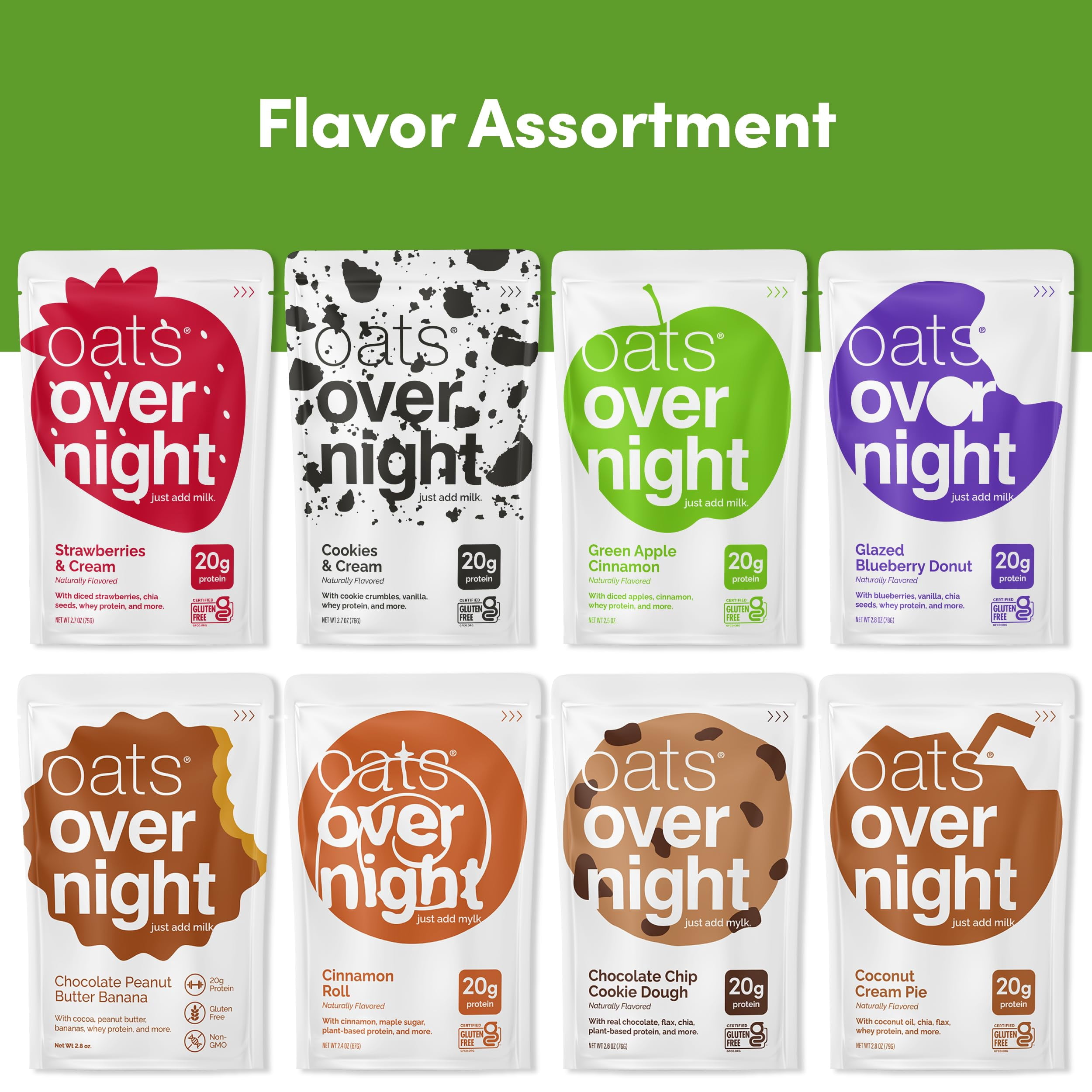 Oats Overnight Party Variety Pack-High Protein, High Fiber Breakfast Protein Shake - Gluten Free Oatmeal, Non GMO Oatmeal - Cookies & Cream, Coconut Cream Pie & More Flavors (8 Pack + Shaker Bottle)