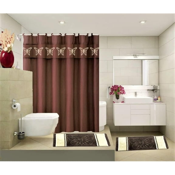 Set Bathroom Bath Mat Rugs Shower Curtain or Comb Printed Design ( Brown)