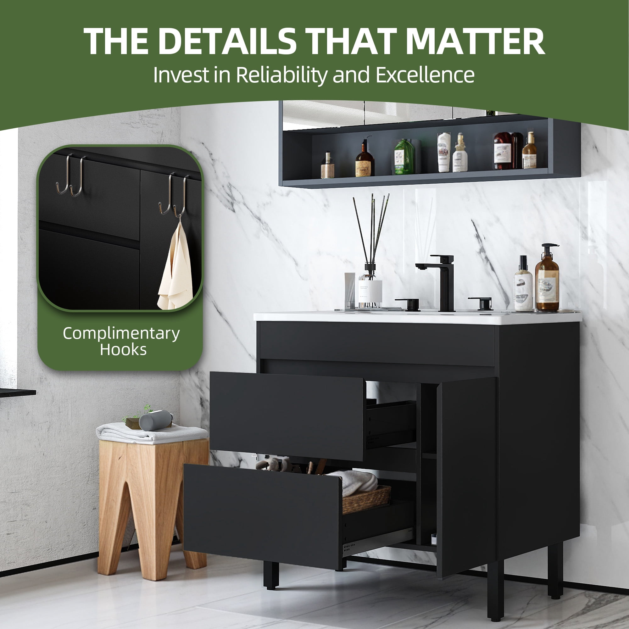 Uforic 37" Bathroom Vanity with Top Sink, Modern Free Standing Bathroom Storage Cabinet with Soft Close Door, Black