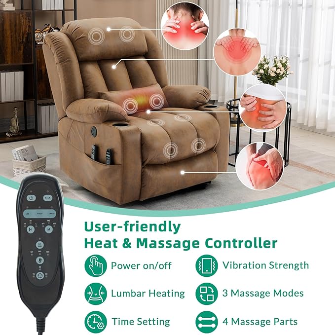 VIVIJASON Tall Man Dual Motor Power Lift Recliner, Oversized Lay-Flat Sleeper with Extended Footrest, Heat, Massage, Lumbar Pillow & USB/Type-C, Brown