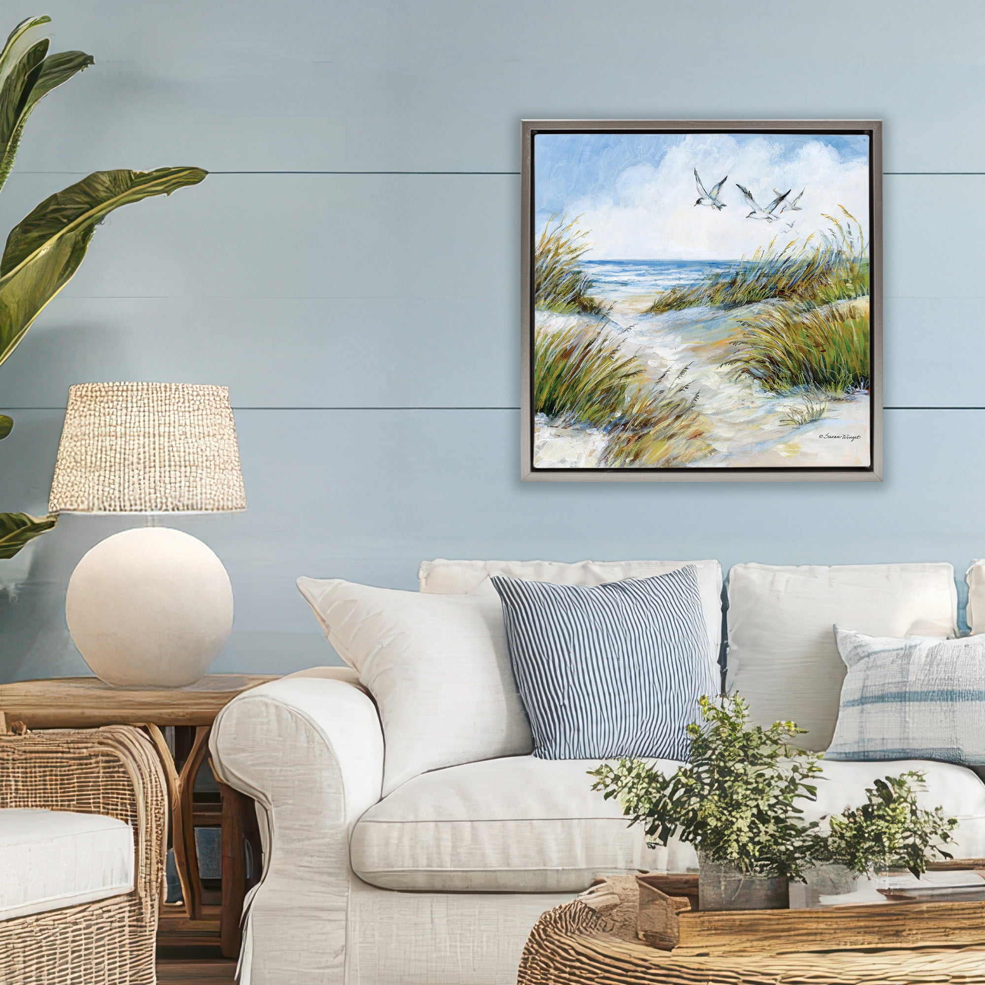 Stupell Industries Beach Path Seagulls Overhead Gray Framed Floater Canvas Wall Art, design by Susan Winget