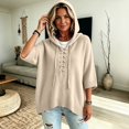 thumbnail image 6 of summer sweaters for women lightweight Lace Up Front Hooded Knit Sweater Oversized Batwing 3/4 Sleeve Loose Casual Womens Pullover Tops, 6 of 6