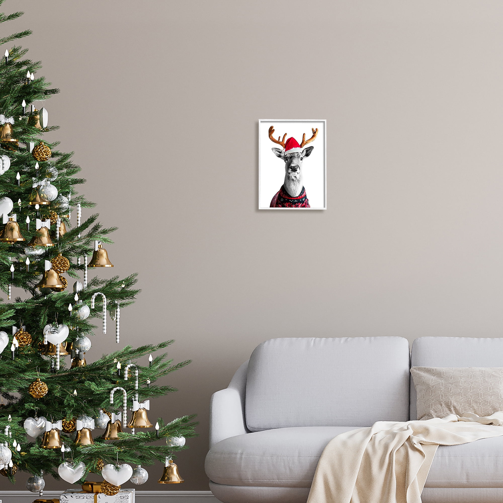 Stupell Industries Deer in Holiday Sweater Holiday Painting White Framed Art Print Wall Art, 11 x 14