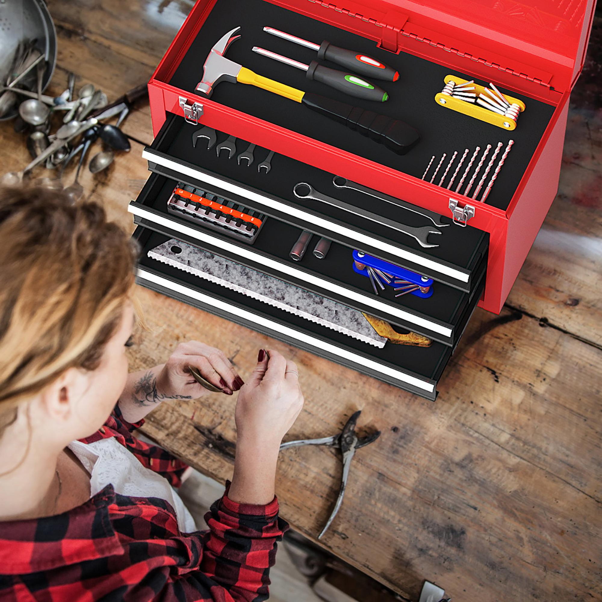 thumbnail image 2 of Portable Garage Tool Cabinet, 3 Drawer Mechanic Tool Box with Automatic Lock System, Steel Tool Organizer with Top Tray for Workshop – Black & Red, 2 of 8