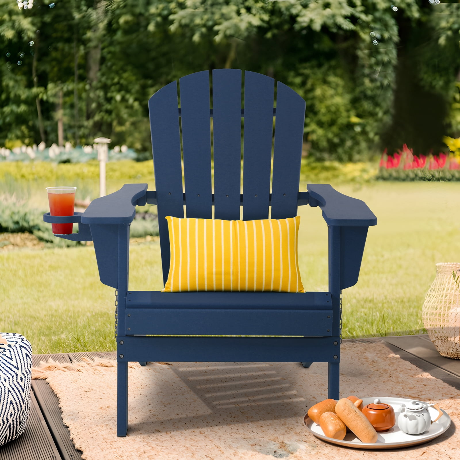 FHFO Folding Adirondack Chair,HDPE All-Weather Patio Chairs with Cup Holder for Outside, Deck, Lawn, Backyard, Garden, Fire Pit(Navy Blue)