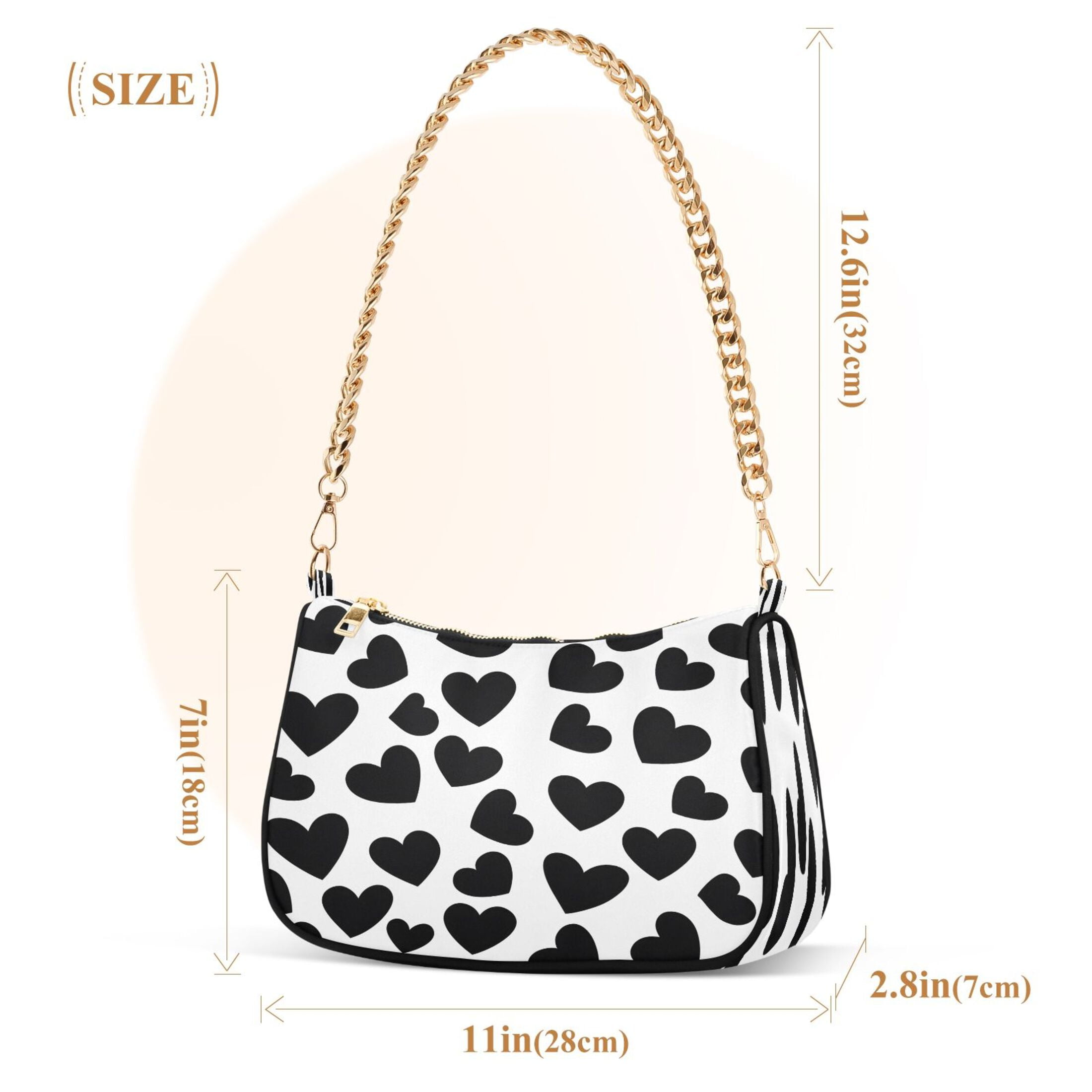 Ryvnso Black Heart Pattern Womens Chain Shoulder Bag Tote Handbags Clutch Hobo Purse with Zipper for Travel