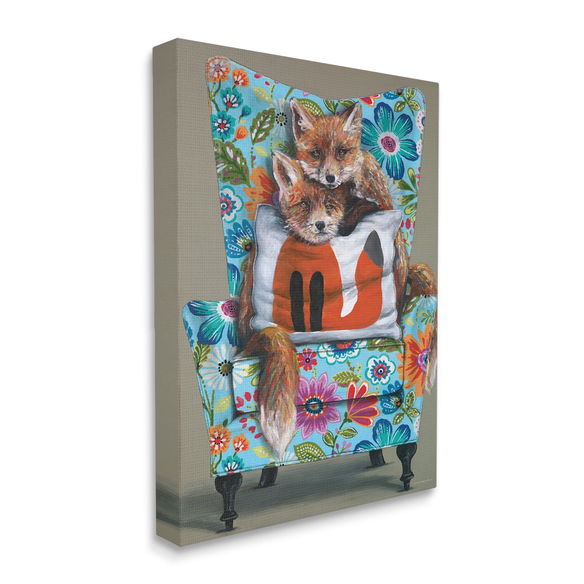 Red Fox Pair Sitting Chair Spring Floral 16 in x 20 in Painting Canvas Art Print, by Stupell Home Décor