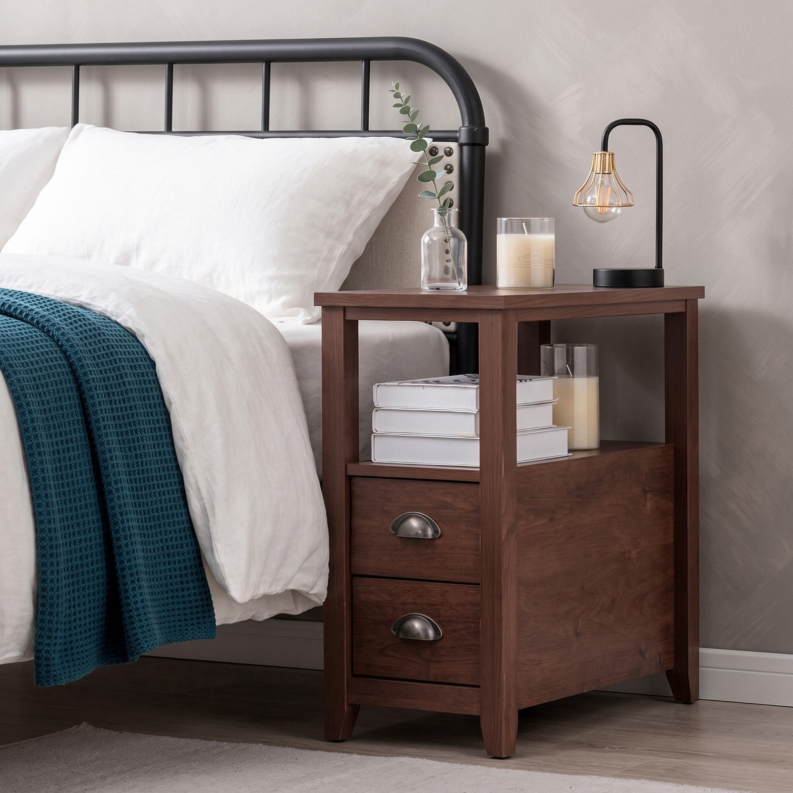 Furnibear Narrow Nightstand with 2 Drawers and Open Shelf Wooden Bedside End Table for the Bedroom and Living Room, Brown