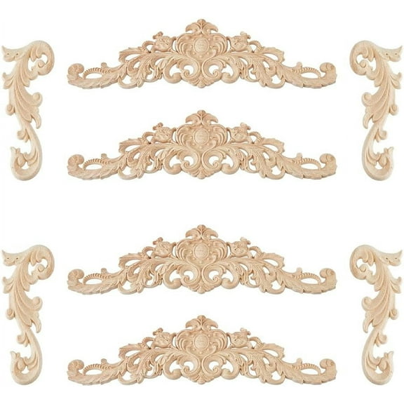 1bag 8pcs 2 styles Wood Carved Onlay Appliques Flower Long Wood Applique Unpainted Wooden Carving Decals Corner Decorative Applique for DIY Furniture Wedding Decor Mirror Mantel Door Bed