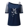 thumbnail image 4 of Gibobby Playeras Deportivas Mujeres impresas fuera del hombro Tops camisa Sexy brillo manga corta elegante camisa suelta blusa Top（Azul， S), 4 of 5