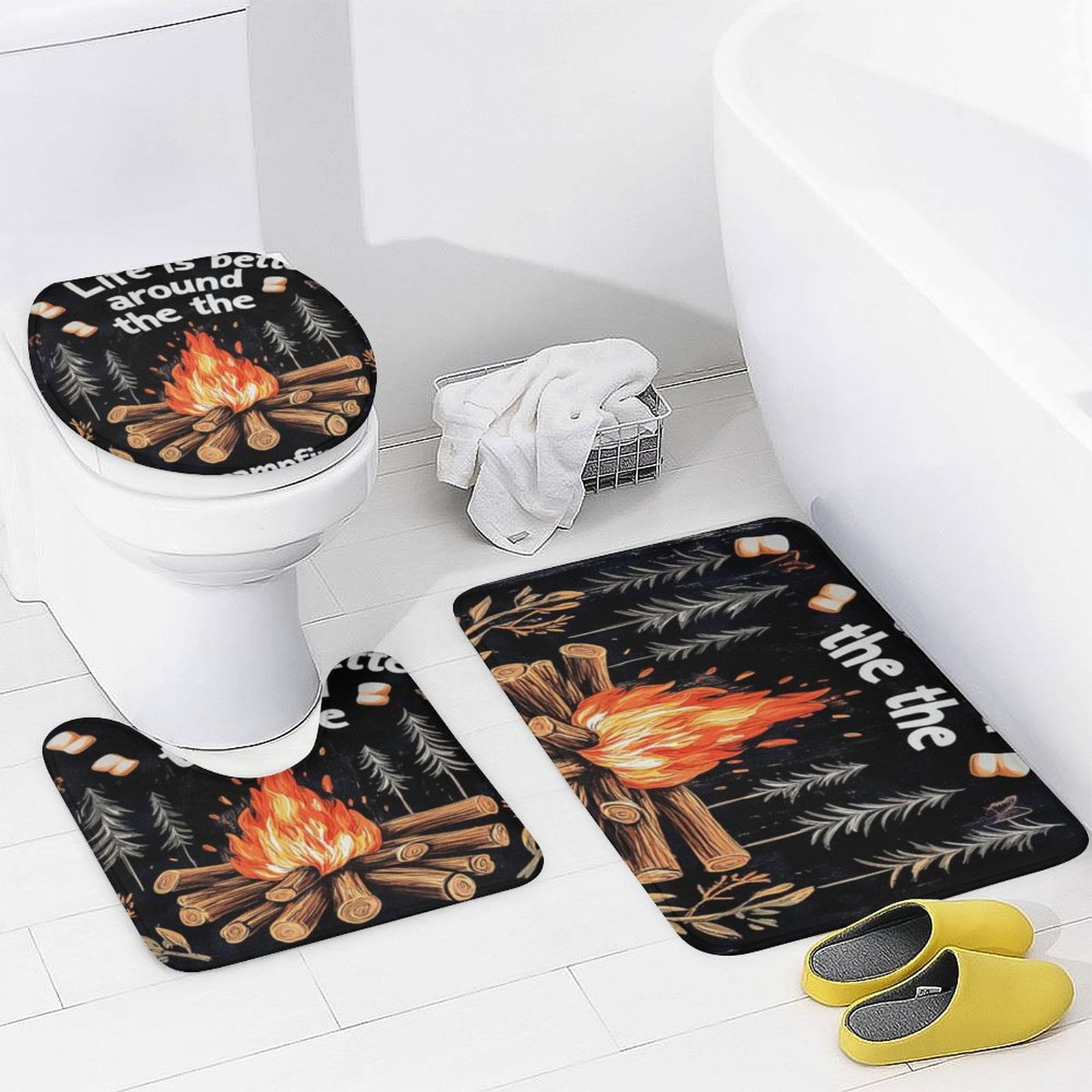 Shower Curtain Sets with Rugs 4 Piece with Rugs Include Waterproof Shower Curtain Non-Slip Rug Toilet Lid Cover Bath Mat Life Is Better Around The Campfire Durable and Waterproof Happy Camper
