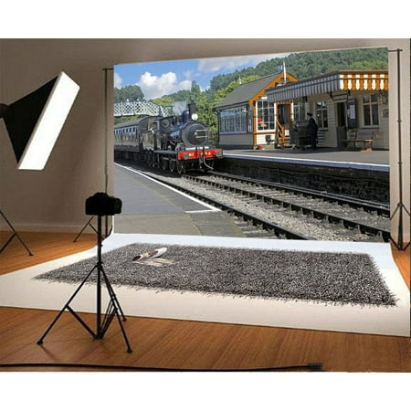 HelloDecor Polyester Fabric 7x5ft Photography Backdrop Retro Vintage Old Train Station Black Steam Locomotive Platform Scene Photo Background Children Baby Adults Portraits