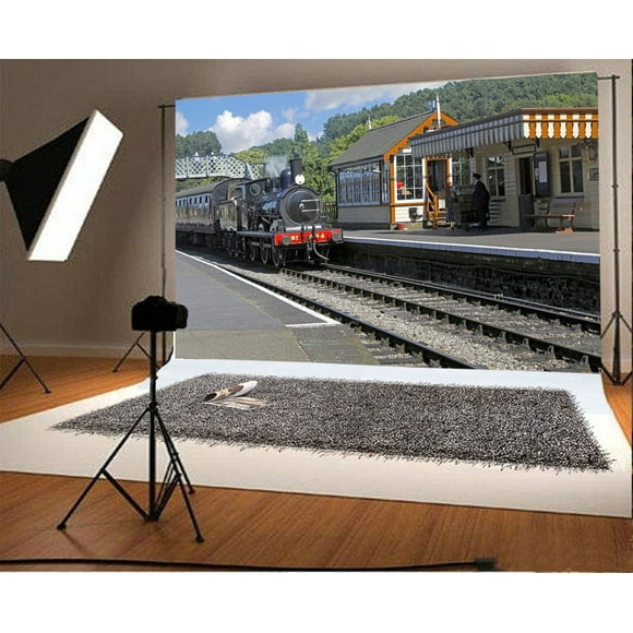 YUSDECOR 7x5ft Old Locomotive Backdrop Ancient Train Railroad Tracks Forest Trees Blue Sky White Cloud Spring Travel Photography Background Kids Adults Photo Studio Props