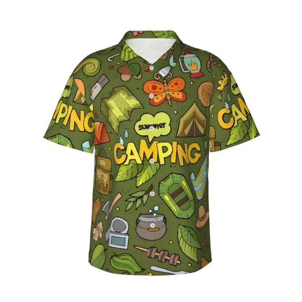 Fotbe Camping 1 Camisa Hawaiana para Hombre Unisex – Camisa Casual de Verano con Botones de Manga Corta de Algodón y Lino,X-Large
