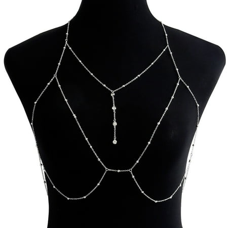 Joefnel Exquisite Rhinestone Silver Chain Bra with Layered Body Jewelry - Stunning Crystal Waist Chain and Beaded Body Accessory for Women - Elegant and Seductive Body Chain Jewelry