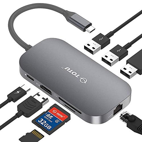 TOTU USB C Hub,9-In-1 Type C Hub with Ethernet Port, 4K USB C to HDMI, 2  USB 3.0 Ports, 1 USB 2.0 Port, SD/TF Card Reader, USB-C Power Delivery, 