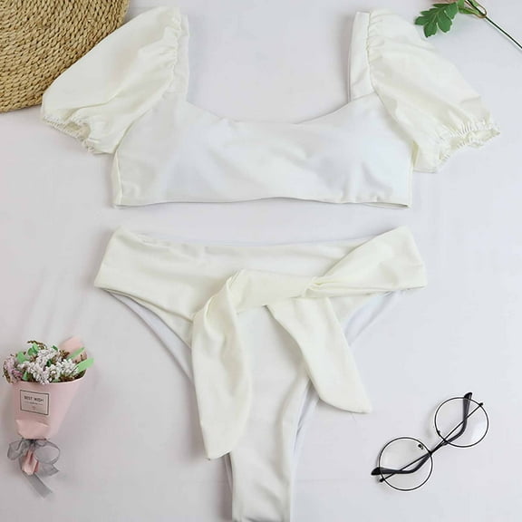 Odeerbi 2025 Women's Swimwear Two Piece Bikini Set Puff Sleeves High Waist Swimsuit Swimsuit Bandeau Bikini Padded Yellow