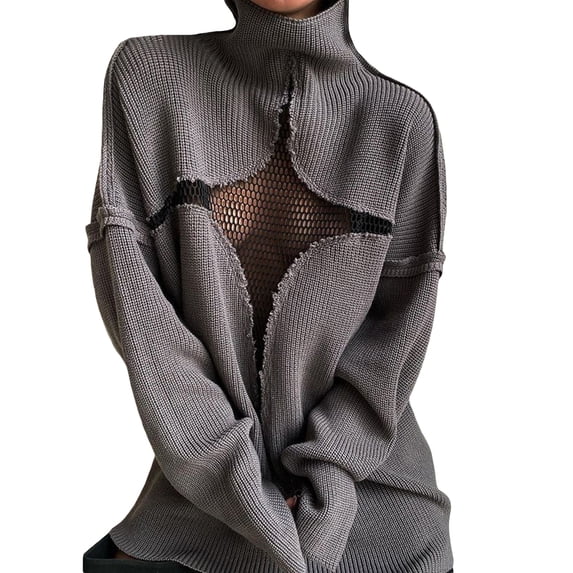 Seyurigaoka Autumn Winter Oversized Sweater for Women Long Sleeve High Neck Hollow Out Mesh Patchwork Knitwear Knitted Jumpers Tops
