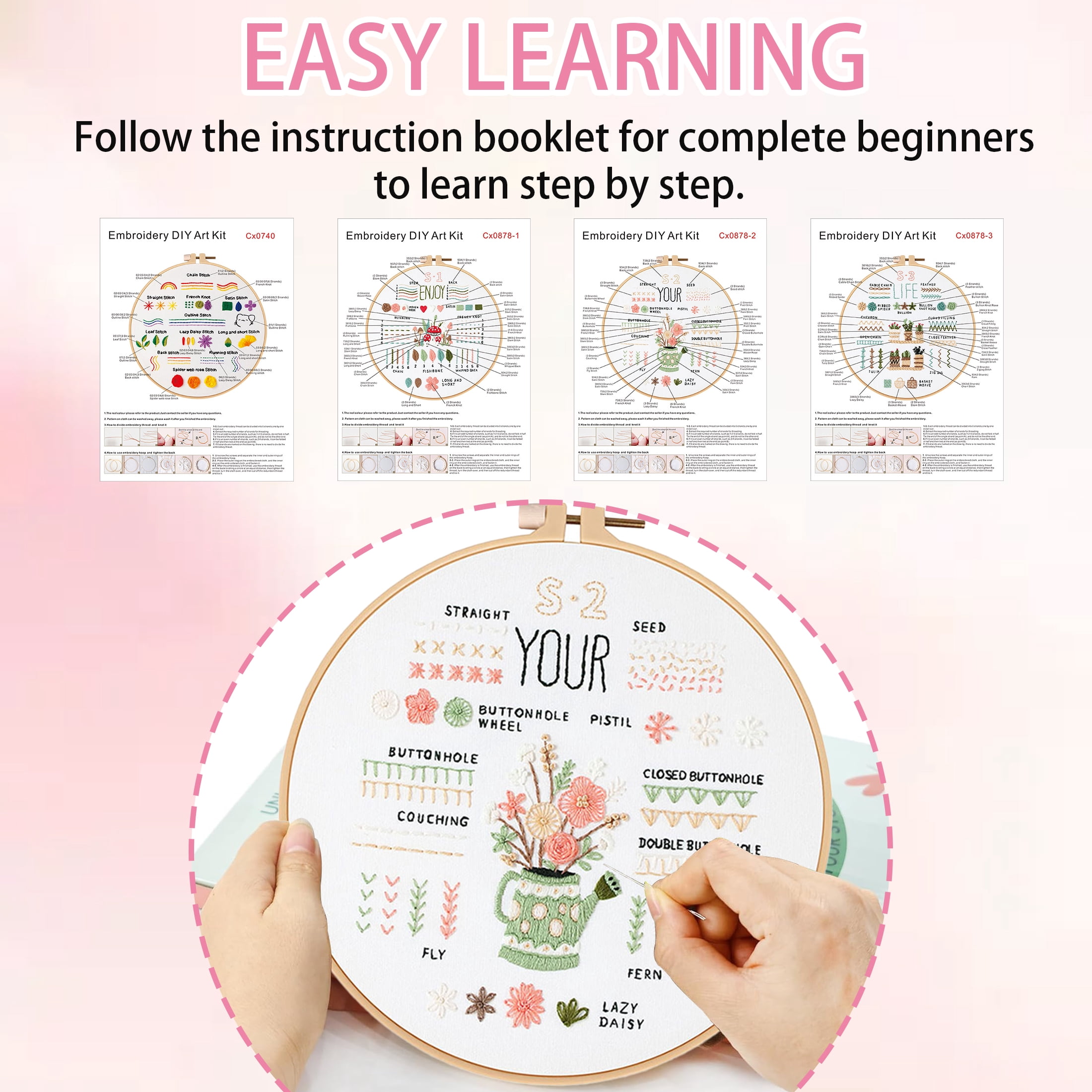 Yalumo Embroidery Kit for Adult Beginners, 4 Pack Stitch Practice Set to Learn 36 Basic Stitches, Hand Cross Stitching Kit with Hoop, Tools, Colorful Threads, and Needles