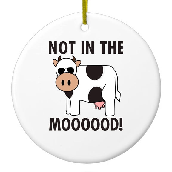 DistinctInk Hanging Ceramic Christmas Ornament - Not in the MOOOOOOD! Cow - Gold String, 2-3/4 inch Diameter