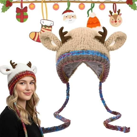 Festive Christmas Antler Hat, Creative Antler Hat & Bag 2-in-1, Cute Soft Knit Reindeer Headwear