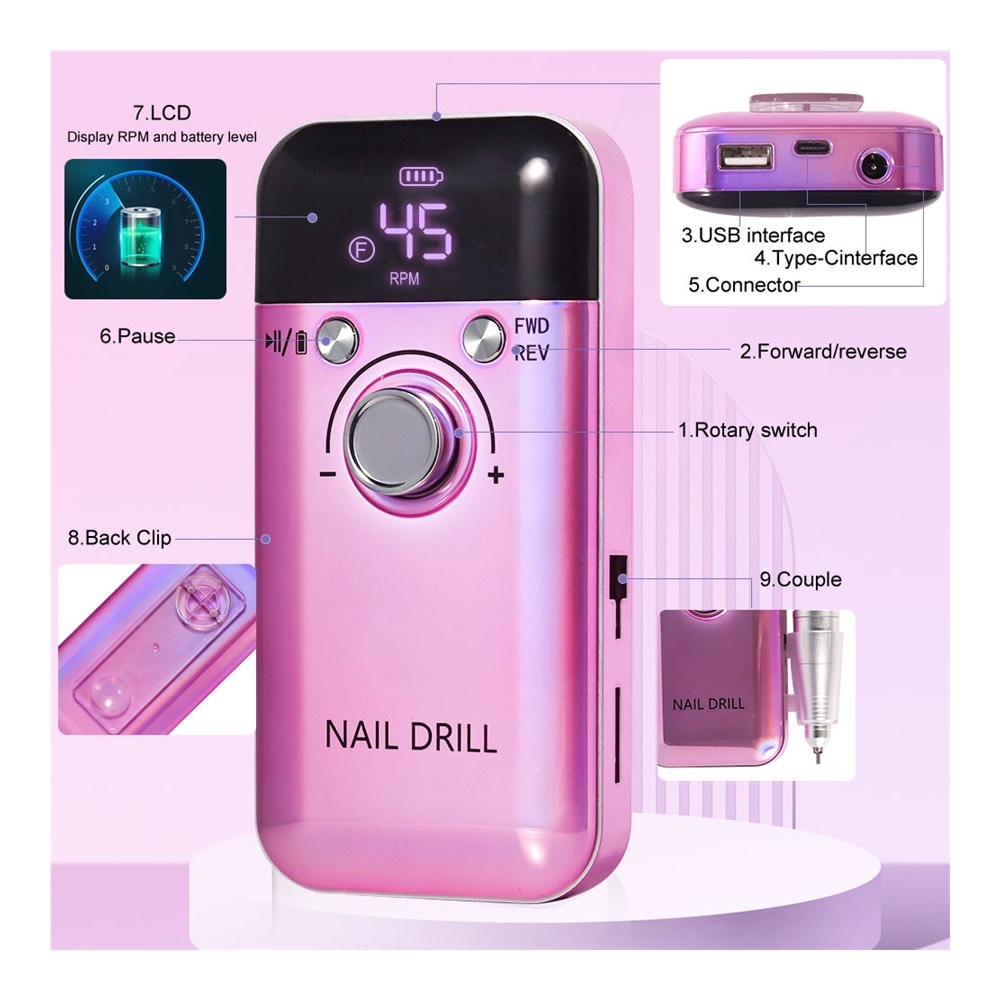 45000RPM Electric Nail Drill Machine Professional Nail Drills for Gel Nails Polish Rechargeable Portable Nail File Manicure Tool
