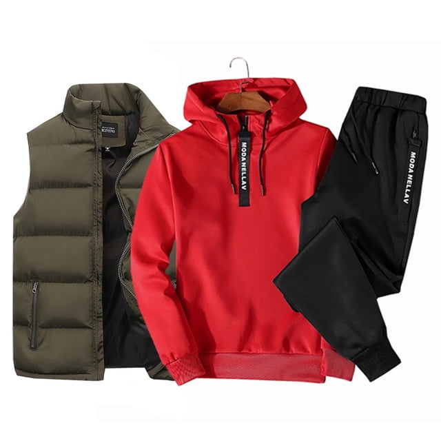 Conjunto de chándal para hombre, sudadera con capucha y media cremallera, chaleco impermeable de plumas y pantalones de chándal, conjunto de 3 piezas, ropa informal cálida de invierno 2023