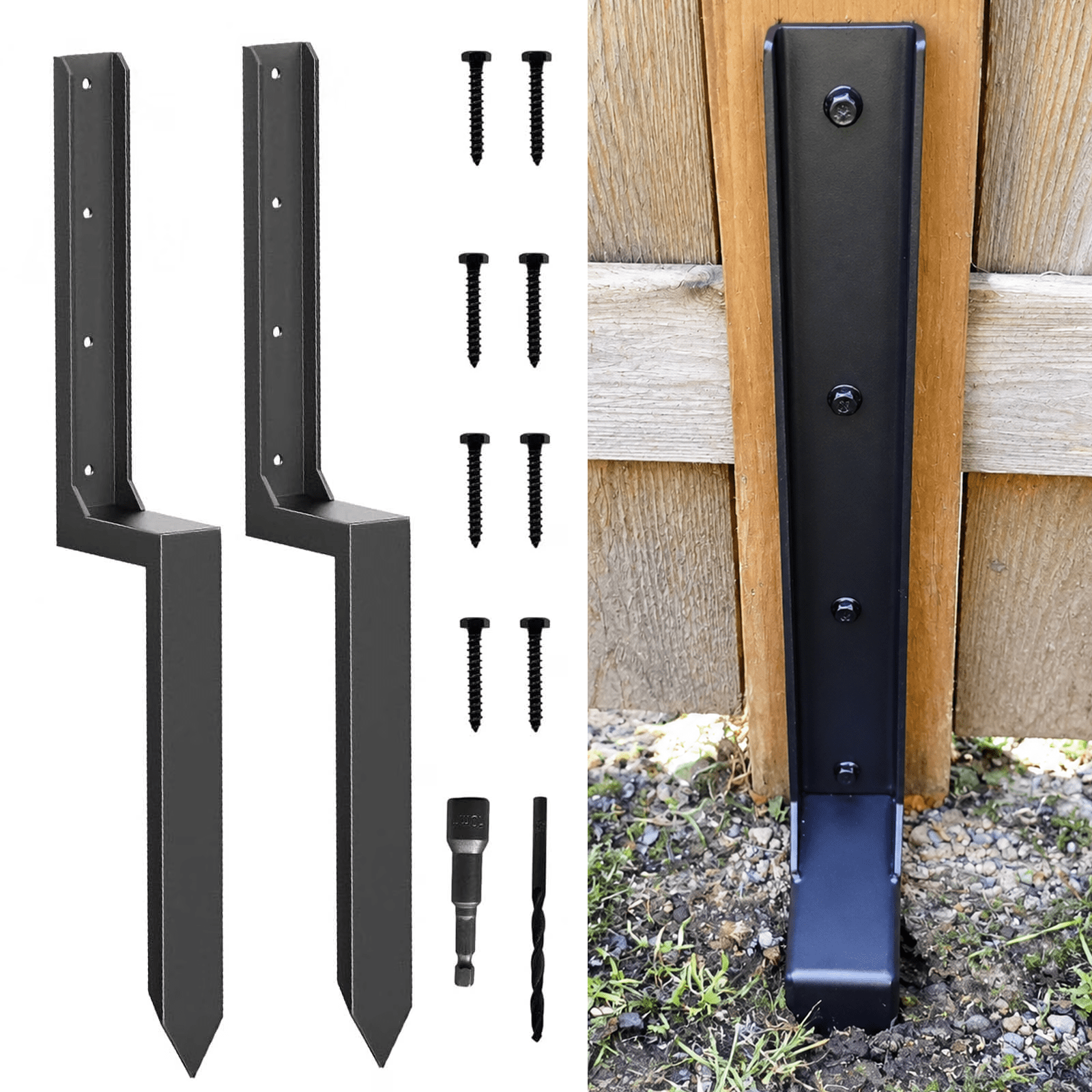 2 Pack Fence Post Repair Kit One-Piece Heavy Duty 4x4/6x6 Fence Post Anchor Bracket for Leaning Broken Wood Stakes Reinforcement Steel Mender