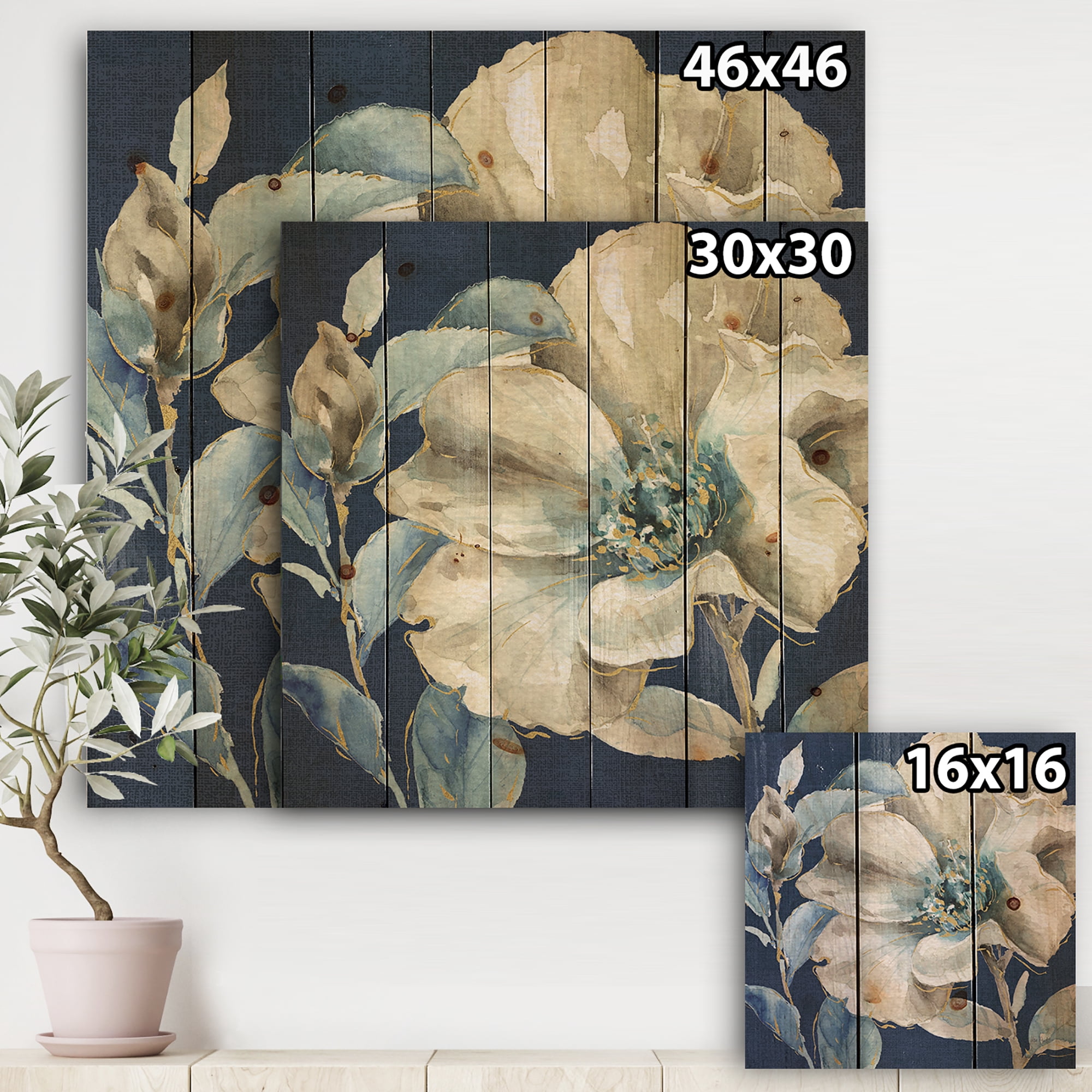 Designart 'Watercolor Indigold Flower II' Farmhouse Print on Natural Pine Wood