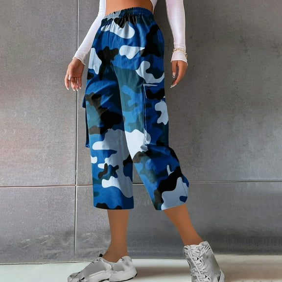 Women's Casual Pants Women'S Casual Camouflage Print Cargo Pants Stretch Elastic Waist Tapered Pants With Pockets,Blue Women's Casual Pants L