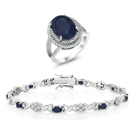 Gem Stone King 11.90 Ct Oval Blue Sapphire 925 Sterling Silver Ring and Bracelet Jewelry Set (Size 5)
