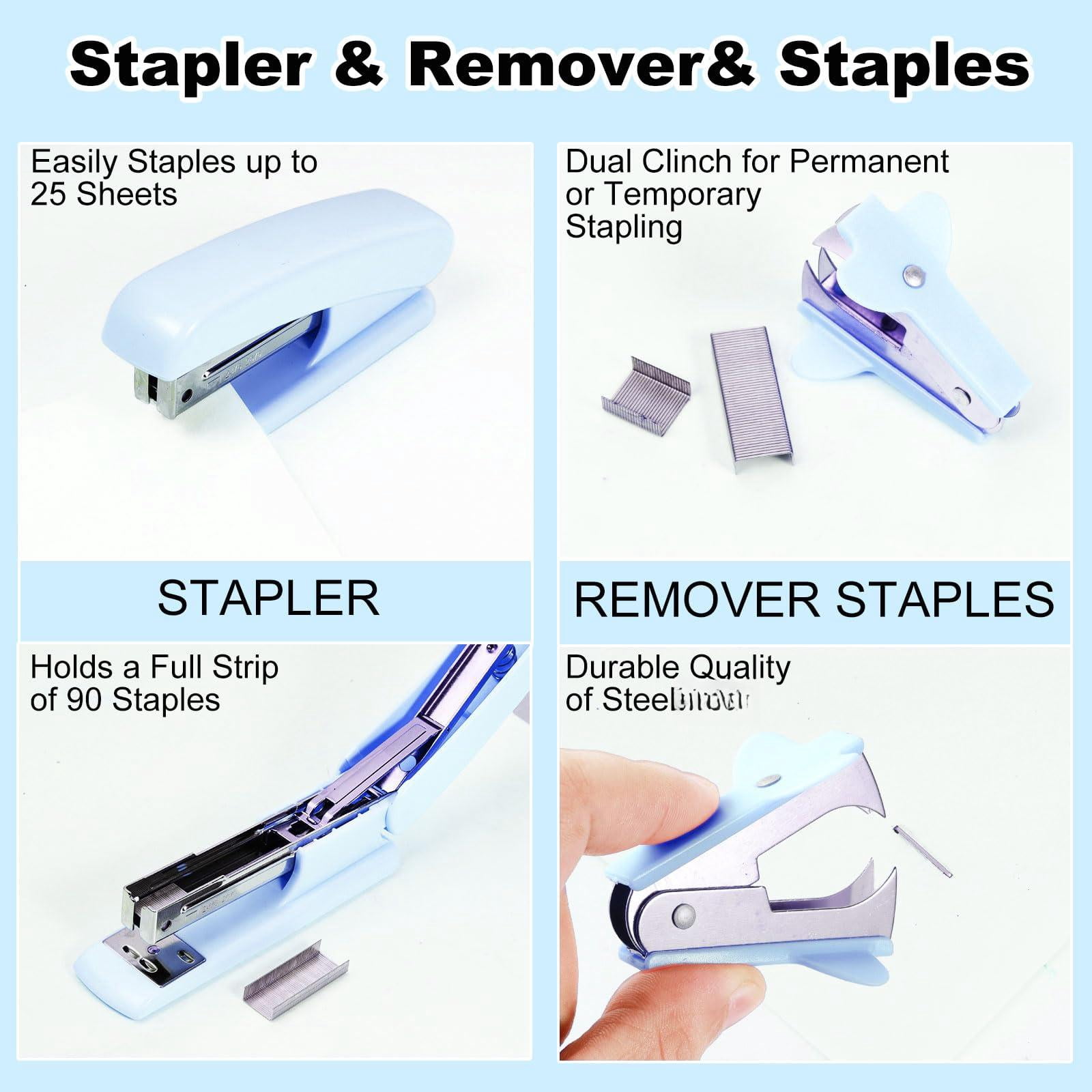 Blue Desk Organizers And Accessories Set With 360-degree Rotating Pen Holder  Tape Dispenser Stapler Staple Remover 1000 Staples Clips Ruler Scissor