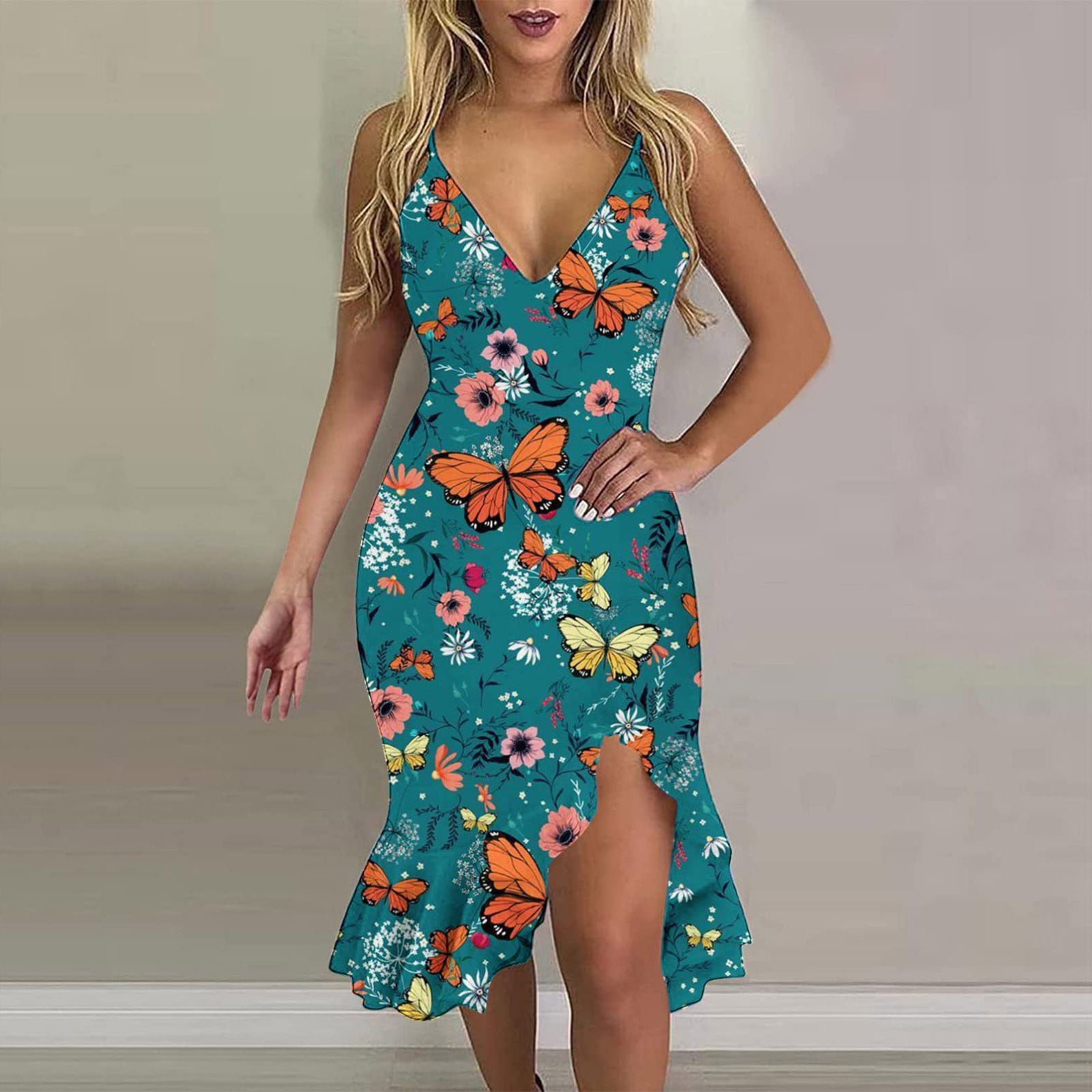 STEADY Tight Hip Dress For Women V Neck Mini Dresses Ladies Floral Print Cocktail Evening Party Sheath Dress Sky Blue/L