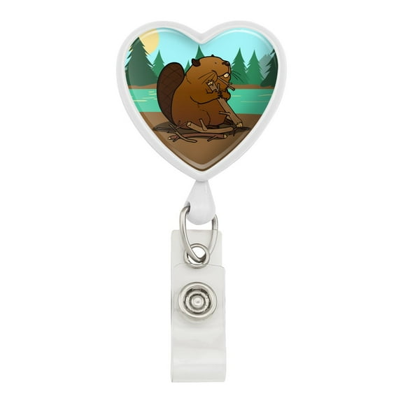 Beaver Chomping Wood Heart Lanyard Retractable Reel Badge ID Card Holder