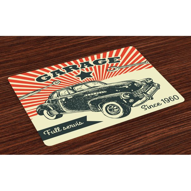 Cars Placemats Set of 4 Retro Car and Garage Advertising Poster Style