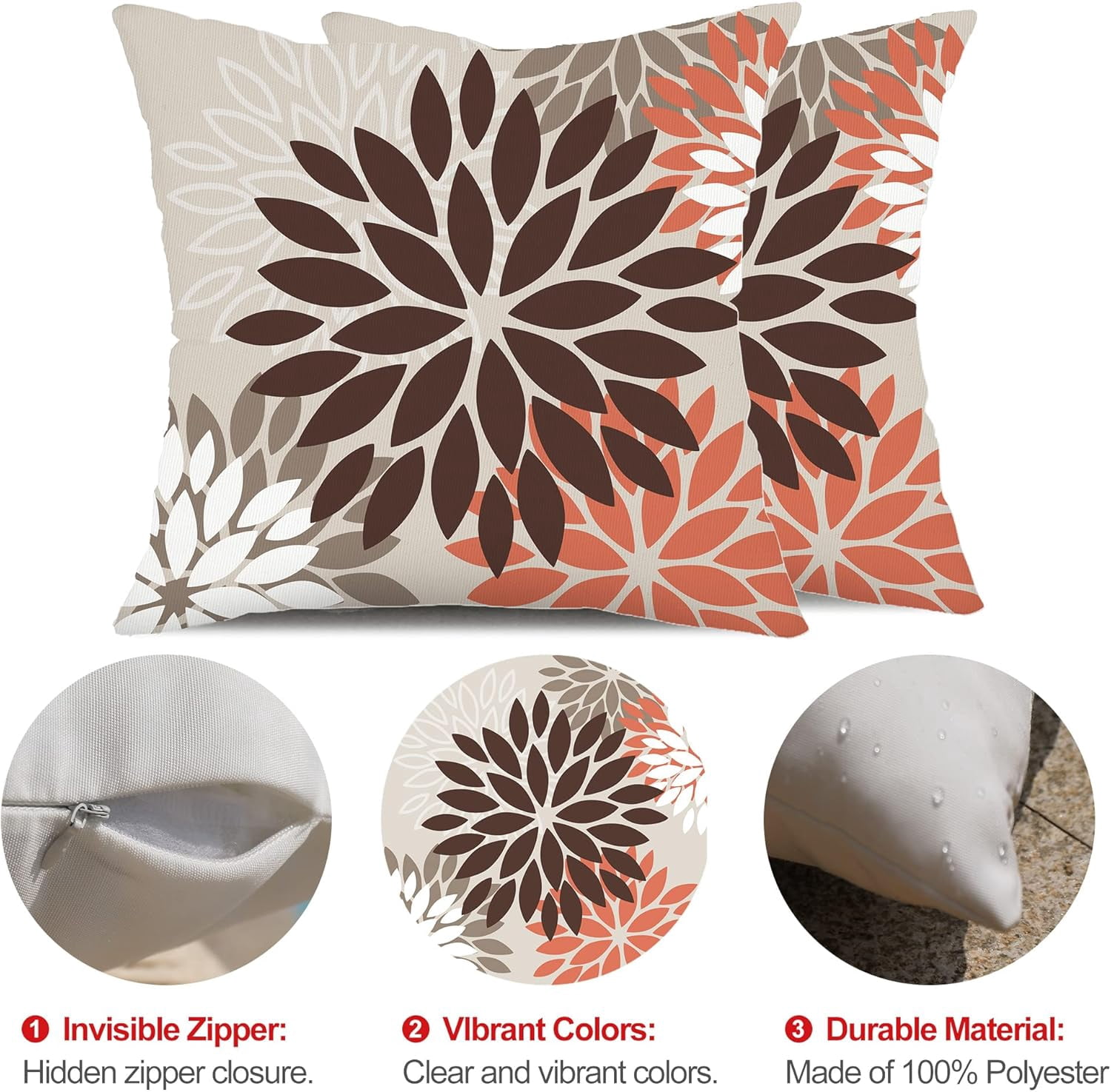 Brown Red Orange Pillow Covers 16x16 Inch Set of 2 Flower Throw Pillows Outdoor Waterproof Decor for Living Room Couch Patio Funiture Garden Modern Floral Polyester Pillow Covers 002A16