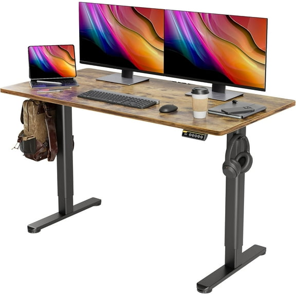 Seang Electric Standing Desk, Adjustable Height Stand up Desk with 3 Memory Presets, 55x24 Inch Sit Stand Desk with Splice Board for Home Office Computer Workstation, Black Frame/Rustic Brown Top