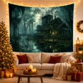 thumbnail image 3 of Farmhouse Beside a Foggy Swamp with Windmill and Bridge, Eerie Rustic for Nature Lovers, Wetland Home Decor, Housewarming Gift, Tapestry Wall Hanging for Bedroom and Den, 3 of 7