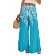 thumbnail image 2 of Hawaiian Print Palazzo Pants for Women Elastic High Waist Wide Leg Flowy Beach Trousers with Pockets Sky Blue 2XL, 2 of 7